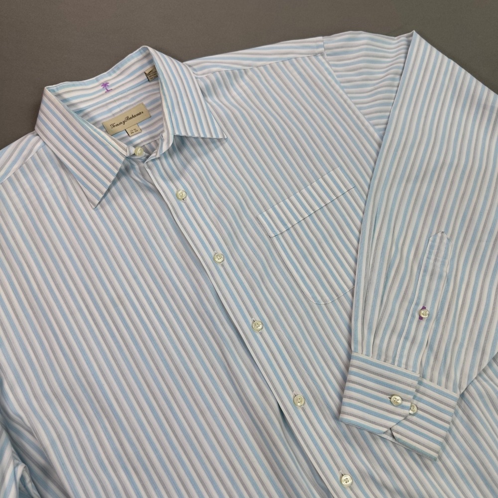 Tommy Bahama Button Down Mens 17.5 34/35 Blue Striped Excellent Cotton Business